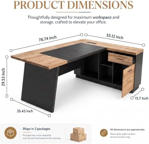 L Shape Executive Desk, Large Office Desk with Drawers & Shelves, 78.74 Inches Industrial Wooden Desk with Storage, Modern Computer Desk for Home Office, Black and Wood, Left Side - Image 2