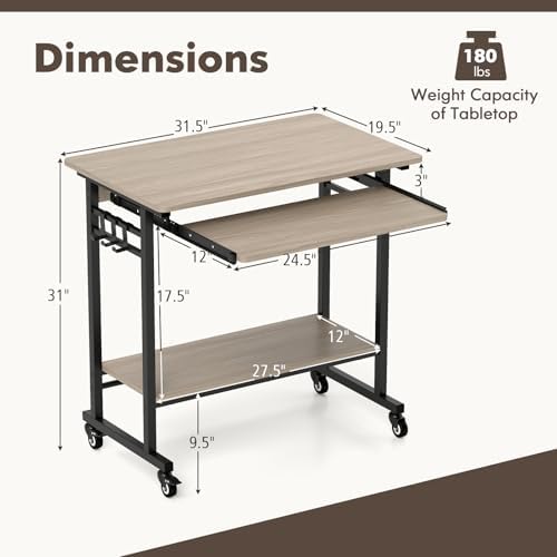 Tangkula Rolling Computer Desk Cart with Keyboard Tray, Mobile Portable Laptop PC Desk with CPU Stand & 3 Hooks for Sofa & Bed, Compact Small Desk on Wheels for Small Spaces (Grey) - Image 3