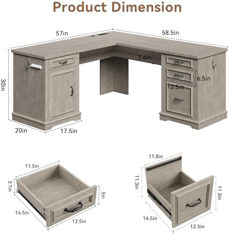 Farmhouse L Shaped Executive Desk with 4 Drawers, Home Office Desk with Hidden Under-Desk Storage Shelf and Charging Station, File Cabinet Storage, Wood Corner Computer Desk for Work and Study(Grey) - Image 2