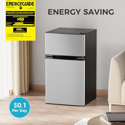COWSAR 3.2 Cu.Ft Fridge with Freezer, Double Door Compact Refrige for Bedroom, Adjustable Thermostat, Energy-efficient Low Noise Small Refrigerator For Dorm, Office, Bar, RV, Commercial,Silver - Image 6