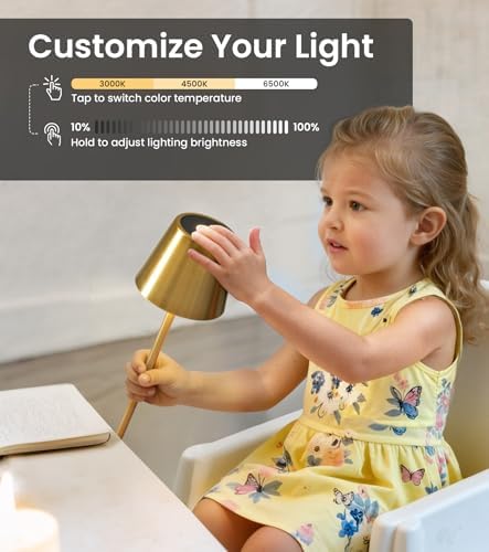 3 Pack Cordless Table Lamp, Portable Battery Operated Lamp with 3 Color Temps and Stepless Dimming, Rechargeable Table Lamp for Dinner, Desk, Cafe, Outdoor (Brushed Gold) - Image 5