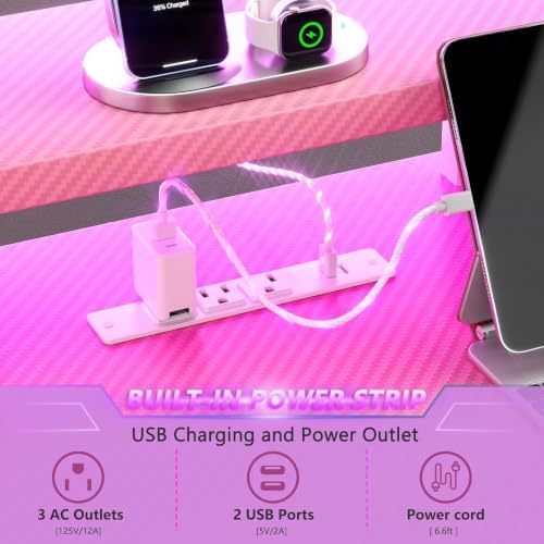 Korfile 47 Inch Pink Gaming Desk with LED Lights & Power Outlet, Gaming Computer Desk with Storage Shelves, L Shaped Gamer Workstations with Monitor Stand for Bedroom - Image 5