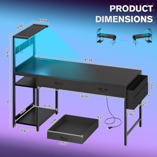 48 Inch Small Gaming Desk with Drawers & Led Lights & Storage Bag, Black - Image 3