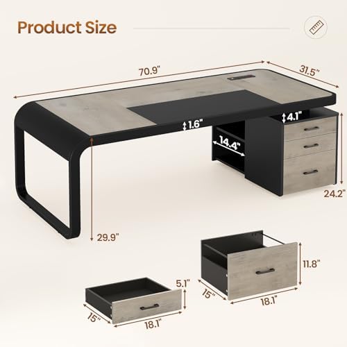 Itaar 70.9" Executive Desk, Large Computer Desk with Drawers and Lateral File Cabinet, Office Desk with Removable Shelves, Business Furniture Desk Workstation for Home Office, Gray - Image 2