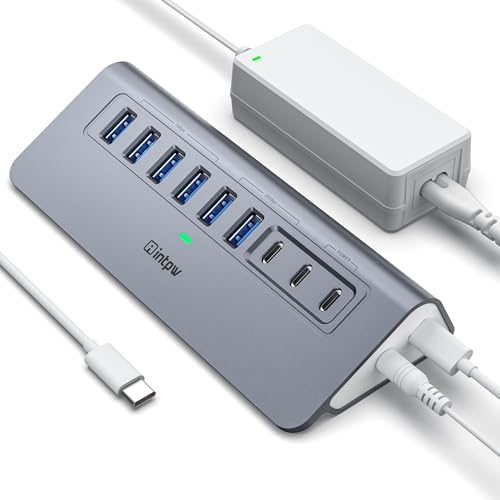 Powered USB Hub 10Gbps, intpw 9-Port USB 3.2/USB C Hub(3 USB 3.2 + 4 USB 3.0 + 2 PD 45W Charging Ports), 65W Power Adapter and 3.3FT Cable, Aluminum USB Hub for Laptop, iPhone 17/16/PC by intpw