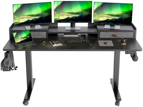 Claiks Standing Desk with Drawers & Wheels, 2 Height Shelf 63" Black by CLAIKS