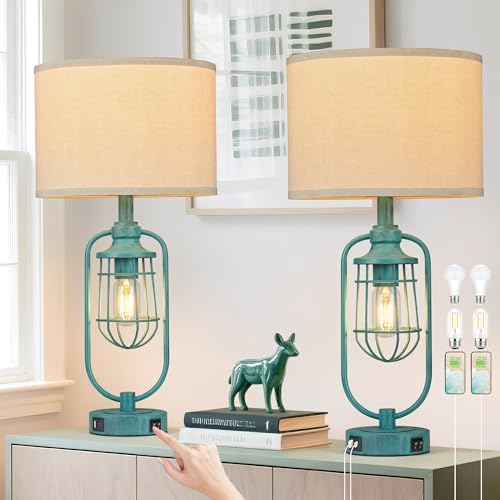 24" Retro Farmhouse Table Lamps Set of 2 for Living Room, USB A+C by SRJJRS