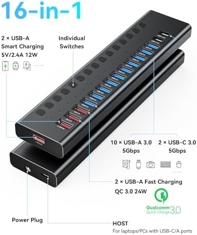 Powered USB Hub, AGEEN 16-Port USB 3.0 Hub (14 USB-A+2 USB-C), 5Gbps - Image 2