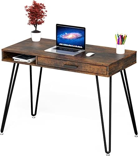SHW Home Office Computer Hairpin Leg Desk with Drawer, Rustic Brown - Image 5