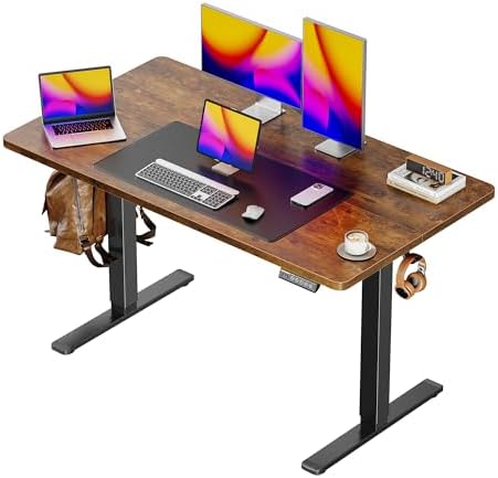 Huuger 48 x 28 Large Electric Standing Desk, Height Adjustable Desk, 27.6" Deep Desktop, Stand up Gaming, 2 Hooks, 3 Preset Heights, for Home Office, Rustic Brown by Huuger