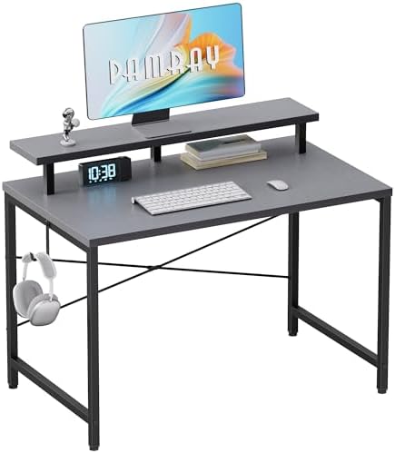 Pamray 32 Inch Small Computer Desk with Monitor Stand, Simple Office Desk with Headphone Hook for Small Spaces, Kids Study Writing Table for Bedroom, Grey by PAMRAY
