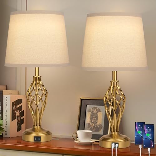 Ruiever Touch Table Lamps Set of 2, nightstand lamp with USB Ports Bedside 3 Way Touch dimmer Desk lamp for Living Room Bedroom,Gold Plated Spiral cage Base Design Warm White dimmer Bulbs Included. by Ruiever