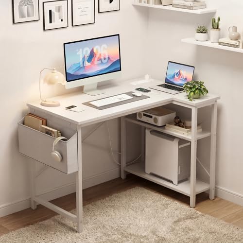 TIQLAB Small Computer Desk with Power Outlets, 40 Inch L Shaped Desk with Reversible Shelves, Gaming Desk Corner Desk Study Writing Desk for Home Office Bedroom Small Space, White - Image 2