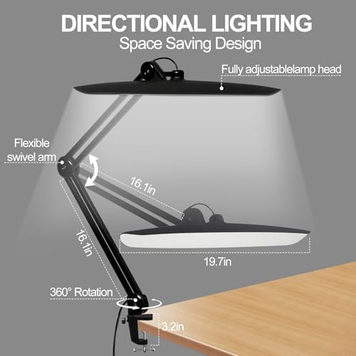 20" LED Desk Lamp with Clamp, 24W CCT Adjustable Dimmable Nail Light for Desk, 120 LEDs Metal Swivel Arm Daylight for for Nail Tech Task Home Office Reading Architect Craft, Black - Image 5