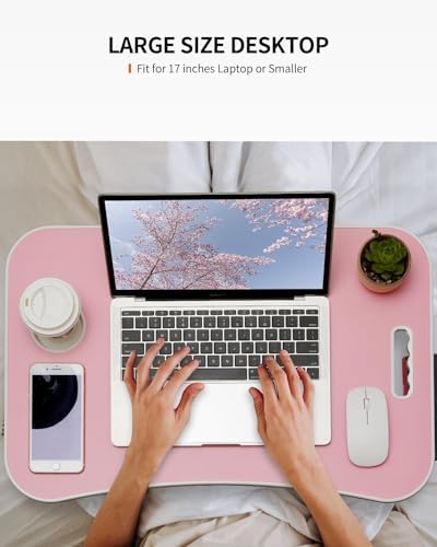 FISYOD Foldable Laptop Table, Portable Lap Desk Bed Table Tray, Laptop Stand with Cup Holder & Tablet Slot & Lifting Handle for Working Writing Drawing & Eating (Light Pink) - Image 5