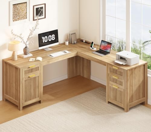 59" Fluted L Shaped Desk with Drawers & Storage Cabinet for Home Office by YomiluveDesign
