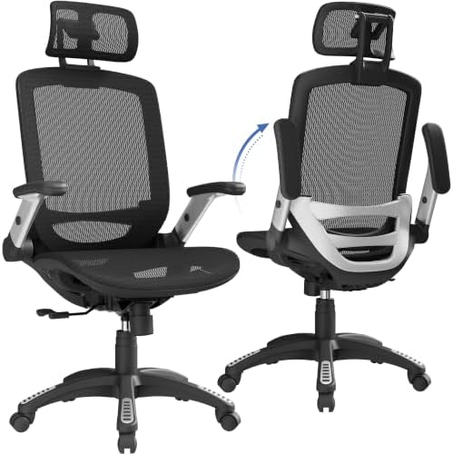 GABRYLLY Ergonomic Office Chair, High Back Home Desk Chair with Headrest, Flip-Up Arms, 90-120° Tilt Lock and Wide Cushion, Big and Tall Mesh Chairs for Man Woman, Black Task Chair by GABRYLLY