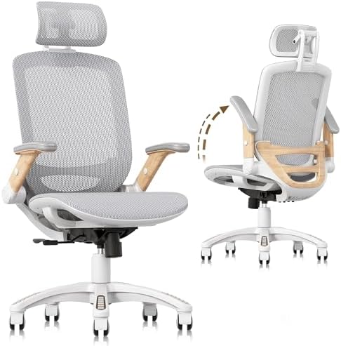 GABRYLLY Ergonomic Office Chair, High Back Home Desk Chair with Flip-Up Arms, Headrest, 90-120° Tilt and Wide Cushion, 300LBS White Mesh Chair for Work Gaming Study (GY01-NT, Woodgrain Pattern) by GABRYLLY
