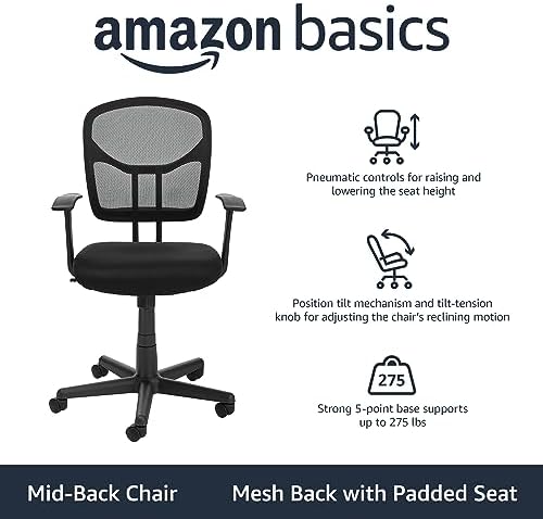 Amazon Basics Breathable Mesh Mid-Back Office Desk Chair with Armrests, Lumbar Support, 360-Degree Swivel, Adjustable-Height, Black - Image 4