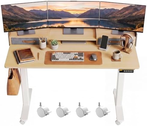 Claiks Standing Desk with Drawers & Wheels, 2 Height Shelf 48" Natural by CLAIKS