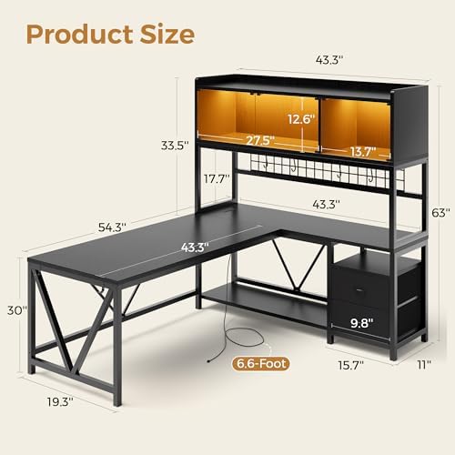 L Shaped Gaming Desk with Fabric Drawers and Power Outlet, Corner Computer Desk with LED-Lit Tempered Glass Display Cabinet, L Shaped Office Desk with Storage,PC Desk for Gaming and Home Office, Black - Image 2