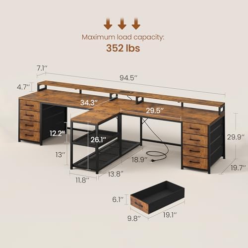 SEDETA 95" 2 Person Gaming Desk with 8 Drawers Storage Shelves,Rustic Brown - Image 2