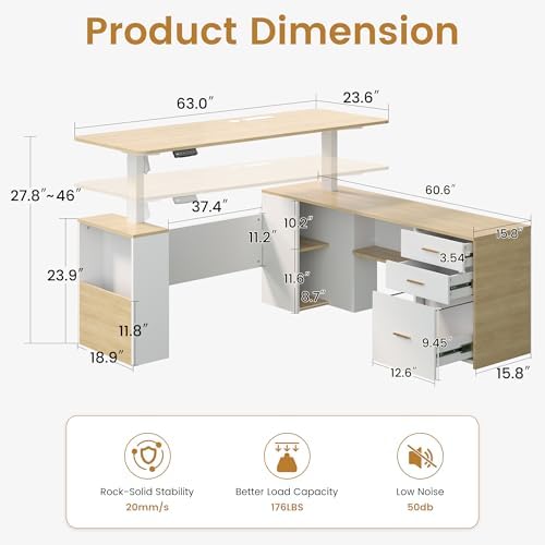 JOMEED 63" L Shaped Executive Standing Desk with Drawers,Oak and White - Image 2