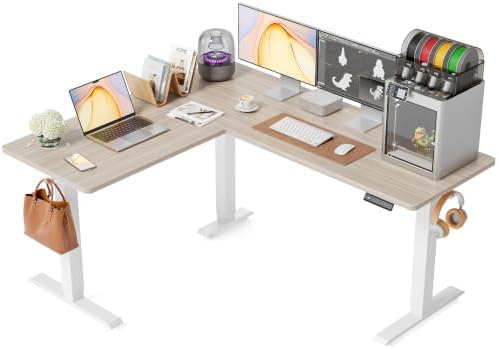 FEZIBO 63" x 55"L Shaped Standing Desk Adjustable Height, Electric Stand up Corner Computer Desk, Sit Stand Home Office Desk with Splice Board, Light Walnut Top/White Frame by FEZIBO