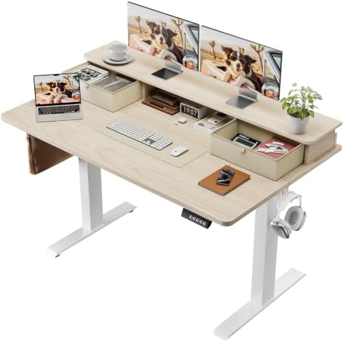 Veken 47x28 in Electric Standing Desk with Drawers, Adjustable Table, Wood by Veken