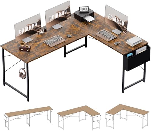 Pamray 64.5 Inch Reversible L Shaped Gaming Desk Large Corner Computer Desk with Storage Bag Home Office Table for Writing Study Vintage - Image 4