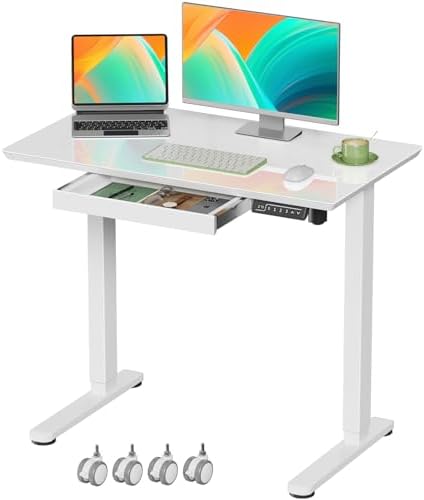 Gibbon Mounts 35” White Glass Standing Desk Height Adjustable with Drawer by GIBBONMOUNTS