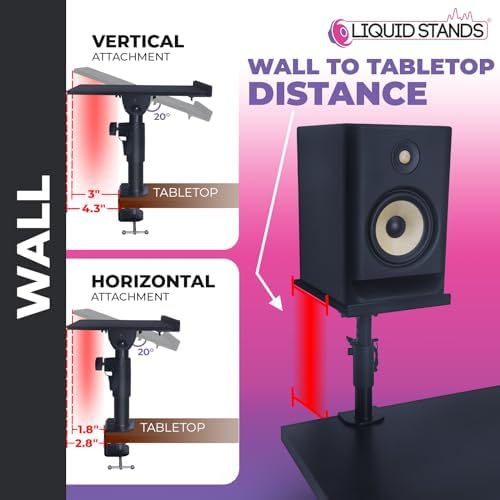 Liquid Stands Studio Monitor Stands - Music Studio Desktop Speaker Stand - 2 Pack 12x9 Clamp-on Adjustable Short or Tall Speaker Support for Music Booth Desk Audio Monitor Stand Mount with Tilt - Image 4