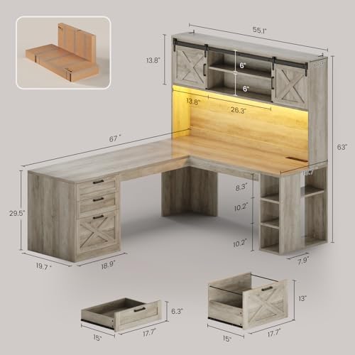 SEDETA 67" Farmhouse L Shaped Desk with Hutch, Grey - Image 2
