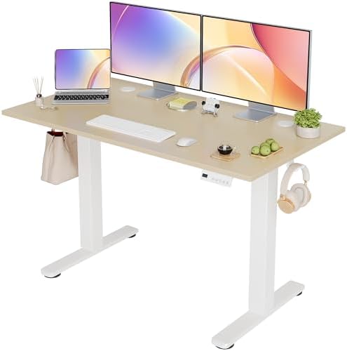 Seang Electric Standing Desk Adjustable Height, 48 x 24 Inch Sit Stand Desk with T-Shaped Frame, 3 Memory Presets & Cable Management for Home Office Computer Workstation, White Frame/Nature Top by Seang