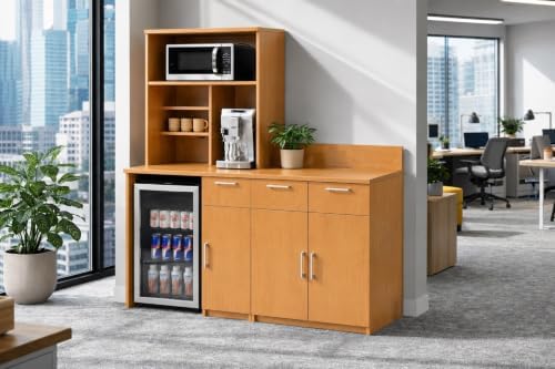BREAKtime Breakroom Kitchenette Cabinet with 2-Door Storage, Mini Fridge Space & Upper Hutch, Microwave Space, Fully Assembled, 72" W x 24" D x 75" H, Appliances Not Included, Beech - Image 2