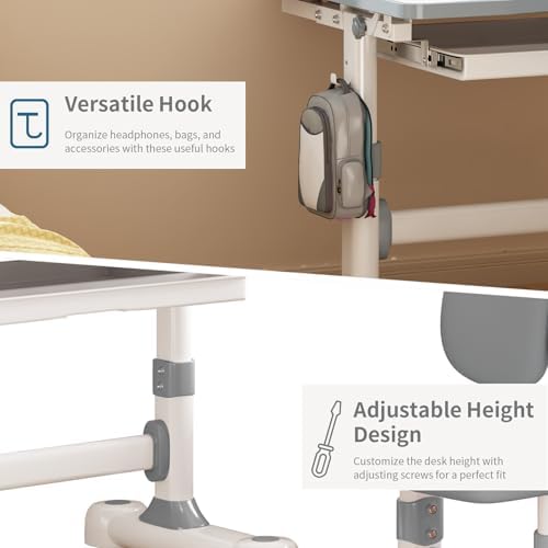 Kids Desk and Chair Set for Ages 3-12 - Tilting Study Desk (Grey) - Image 7