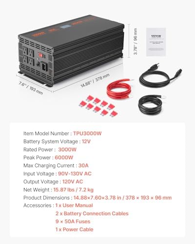 VEVOR Sump Pump Battery Backup System, 3000W, Auto Switches to Battery Inverter for Continuous Sump Pump Operation, Pure Sine Wave, LCD Display, for Basement Protection Emergency and Power Outage - Image 7