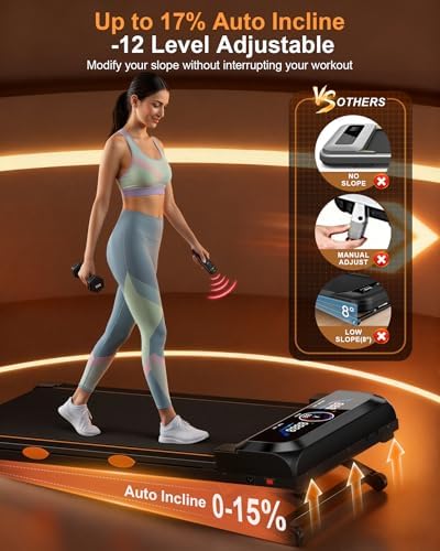 Walking Pad Treadmill with 15% Auto Incline 12-Level, Under Desk Treadmill for Home 450 lbs Capacity, Walking Pad with Incline, RGB UI Screen, Bluetooth Speaker & APP, 3.5HP Quiet Desk Treadmills - Image 2