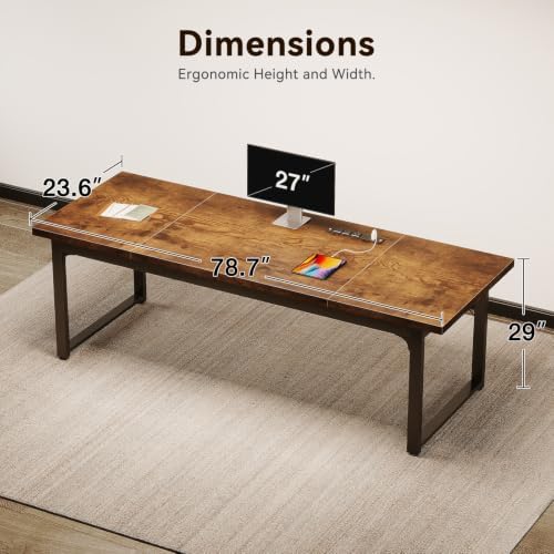 Coleshome 79 Inch Long Computer Desk with Power Outlet, Thicker Desktop & Legs, Large Heavy Duty Office Desk for Home Office & Gaming, Rustic Brown - Image 3