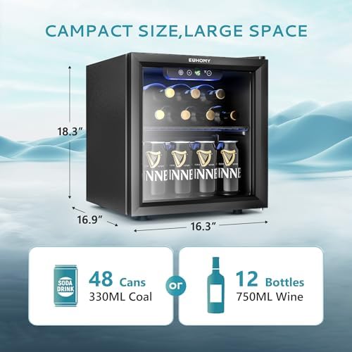 EUHOMY 12 Bottle 48 Can Mini Fridge, Beverage Refrigerator with Glass Door - Image 4