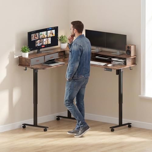 2-Tier L Shaped Electric Standing Desk with Drawers, 63 x 55 Height Adjustable Desk with Memory Controller, Storage, Corner Desk Sit Stand up Computer Table for Home Office,Rustic Brown - Image 2