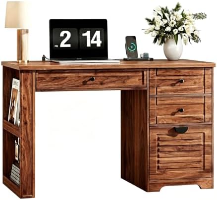 Ieejdn 47" Home Office Desks, Executive Desk, Farmhouse Computer Desk with Drawers and Charging Station, File Drawer, Storage Cabinet, Rustic Computer Writing Desk,Antique Tan by Ieejdn