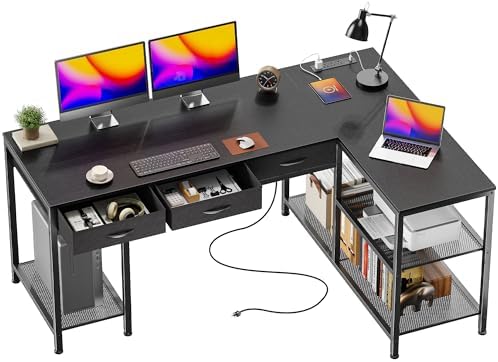 PRAISUN 55 Inch L Shaped Office Desk with Power Outlets and Type-C Port, Large Computer Gaming Desk with 3 Fabric Drawers, Mesh Shelves, Corner Study Work Writing Desk, Black by PRAISUN