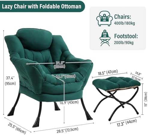 Furlide Lazy Chair with Ottoman, Soft Comfy Chair for Bedroom, Dark Green - Image 2
