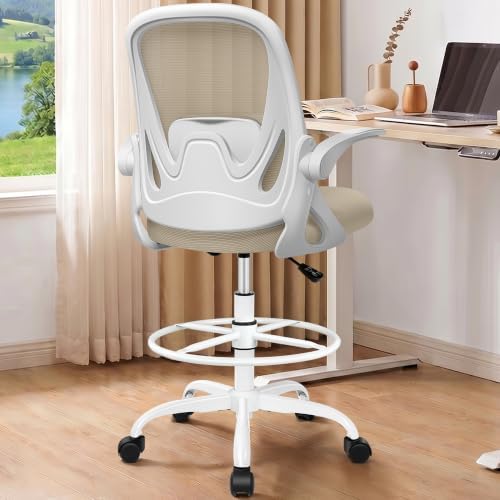 Drafting Chair Tall Office Chair with Flip-up Armrests, Adjustable Height, and Enhanced Lumbar Support - Ergonomic Rolling Stool, Back Support, and Adjustable Foot Rest Ring for Standing Desk Khaki - Image 2