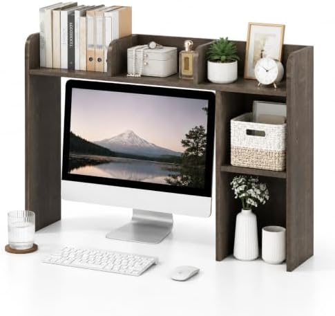 POWERSTONE 37" Desk Hutch with 5 Shelves, Desktop Bookshelf Grey by POWERSTONE%C2%AE