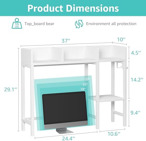 BOLUO Desk Hutch Dorm Room, Desktop Bookshelf for Computer Desk 37" Hutch Organizer Tabletop Storage Rack for College Essentials Home Office White - Image 3