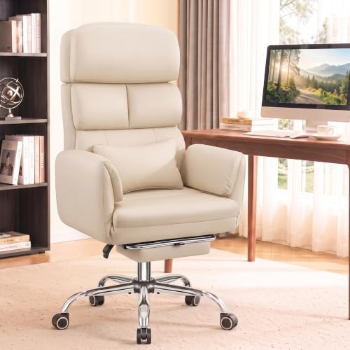 Big and Tall Leather Office Chair, Cross Legged Flip Arms, Beige by StellaMia