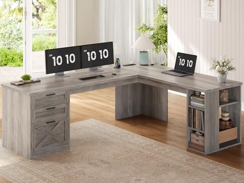 SEDETA 67" Farmhouse Executive L Shaped Desk with 3 Drawers by SEDETA