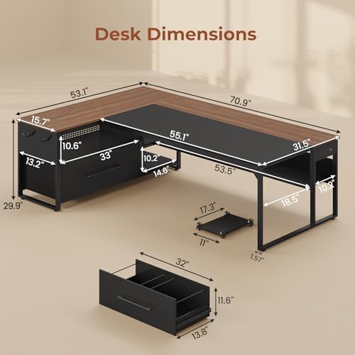 UPOSOJA 71" Executive Desk, L Shaped Office Desk with Widen File Drawers - Image 2
